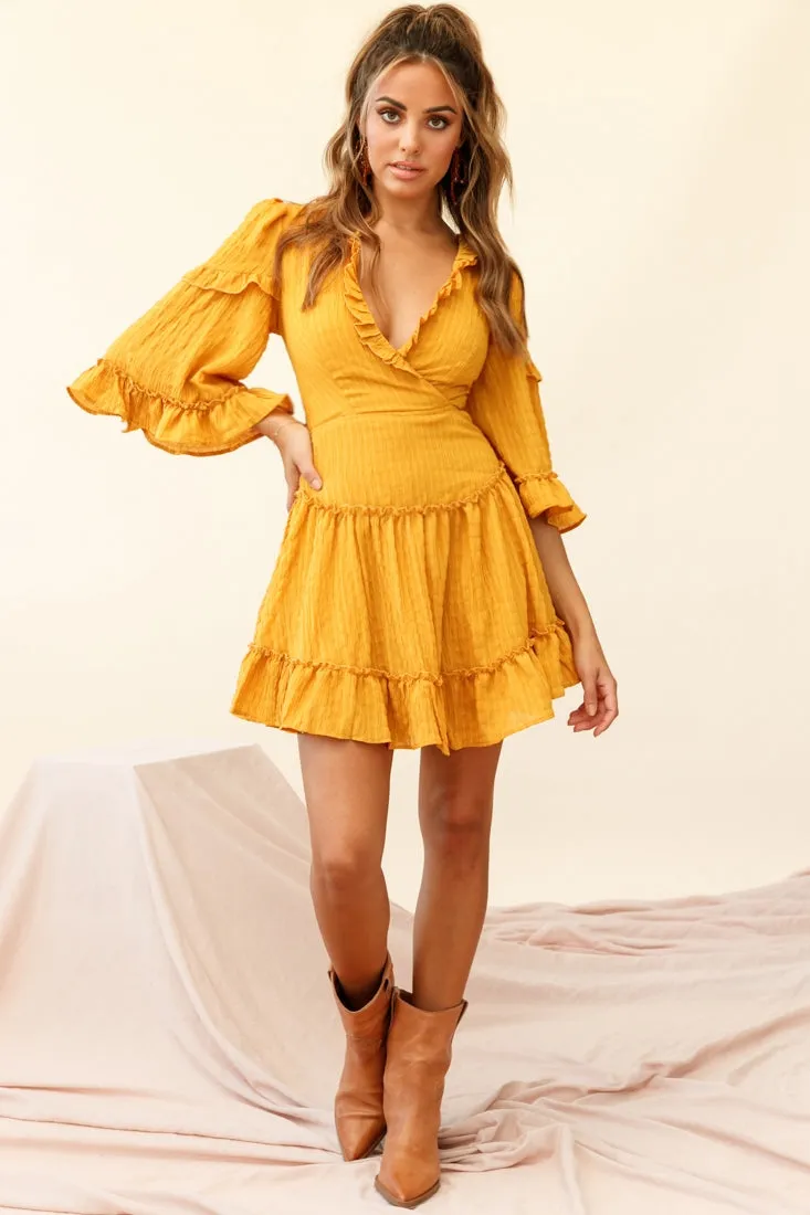 Albany Lace Up Back Frill Dress Shirred Mustard