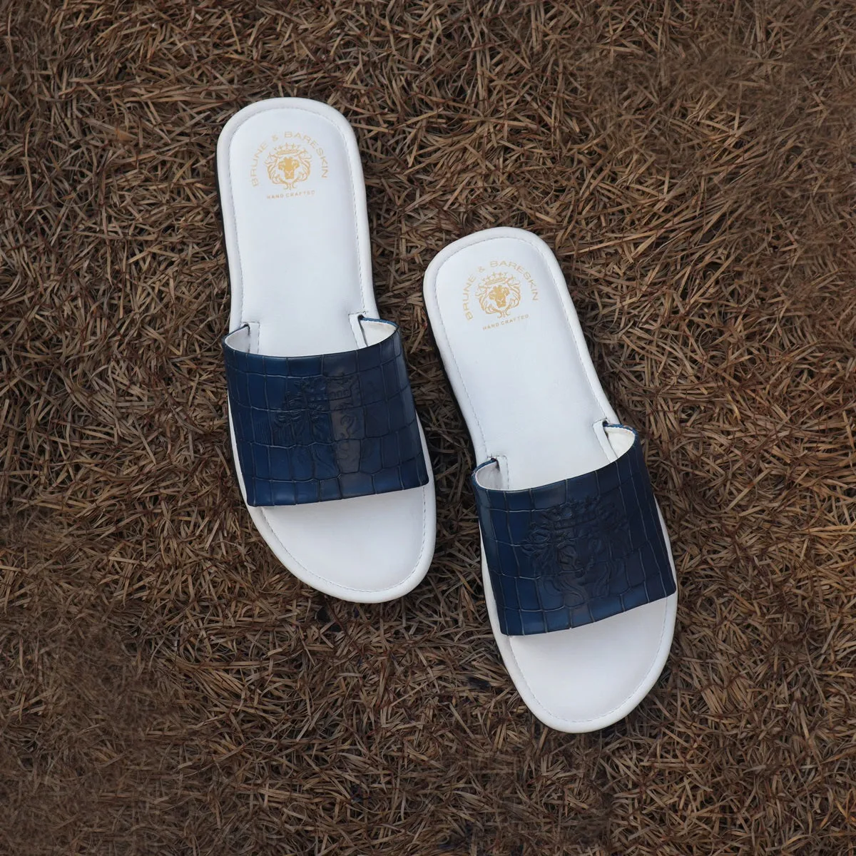 Blue Embossed Lion Deep Cut Strap White Leather Slide-In-Slippers