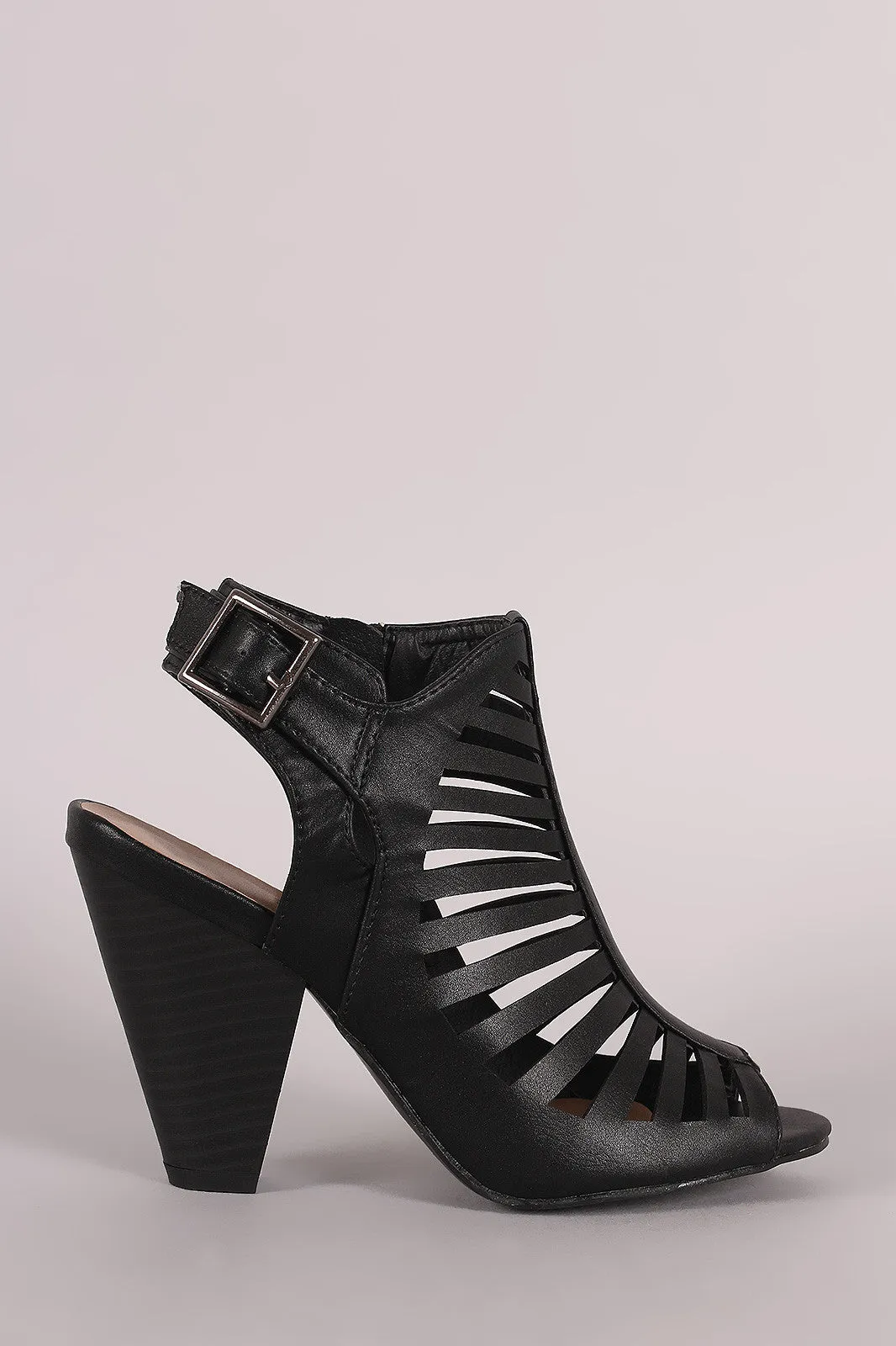 Buckled Caged Cutout Peep Toe Chunky Heel