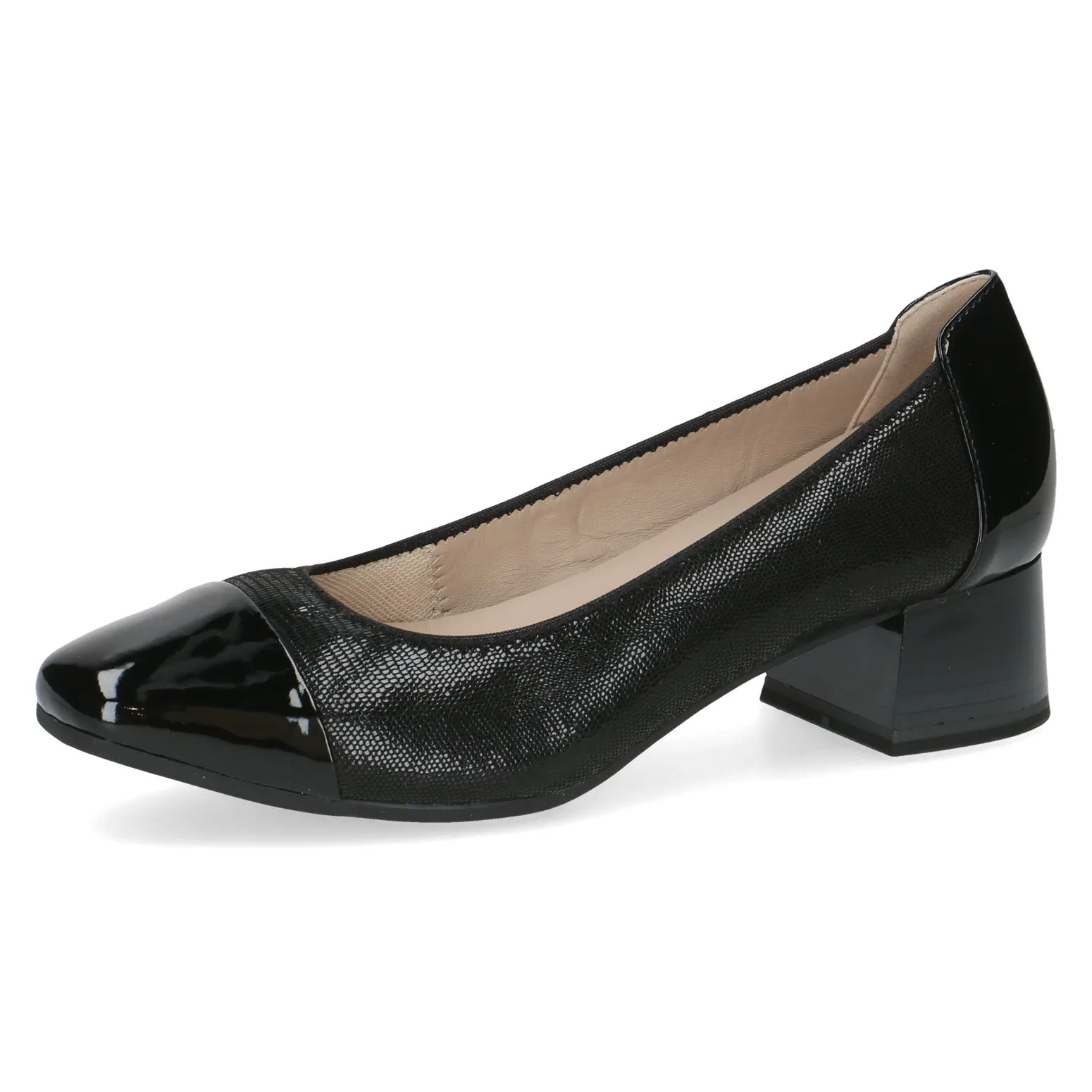 Caprice Ladies Patent And Reptile Block Heel Court