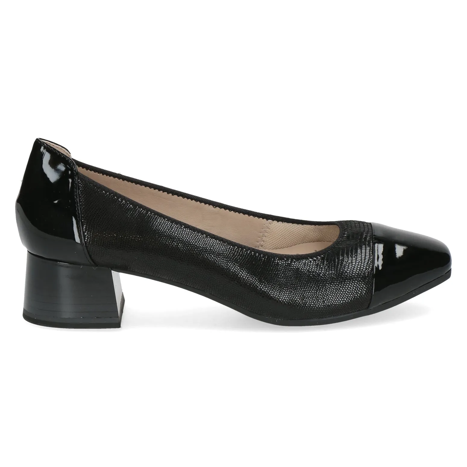 Caprice Ladies Patent And Reptile Block Heel Court