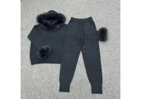 Charcoal Faux Fur Trim Hood & Cuff Tracksuit