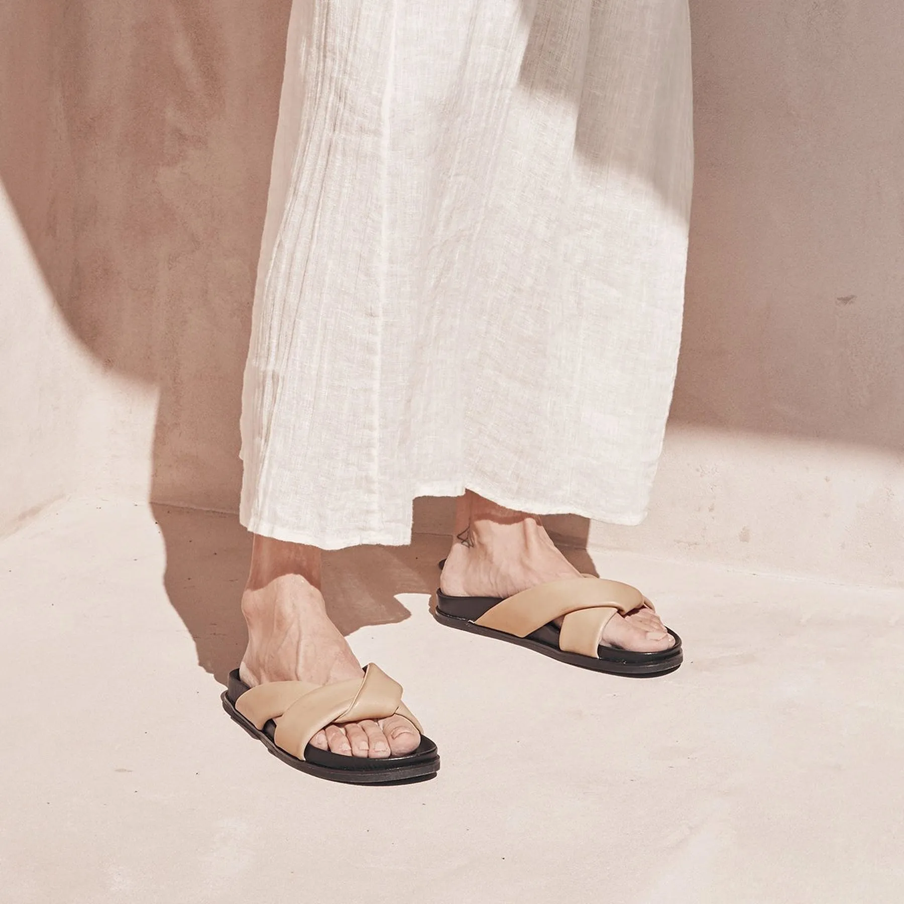 CROSS LEATHER SLIDE SANDALS