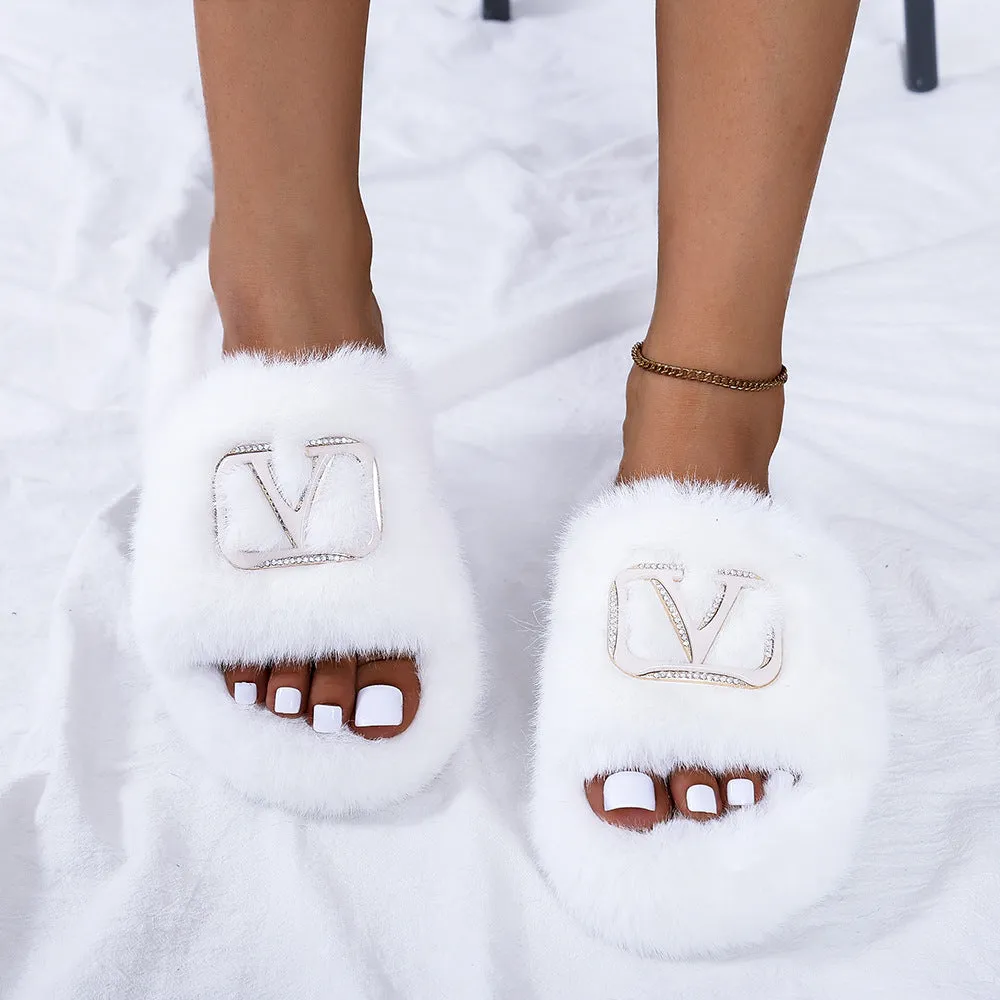 Fashion Letter Buckle Plush Slippers（HPSD183）