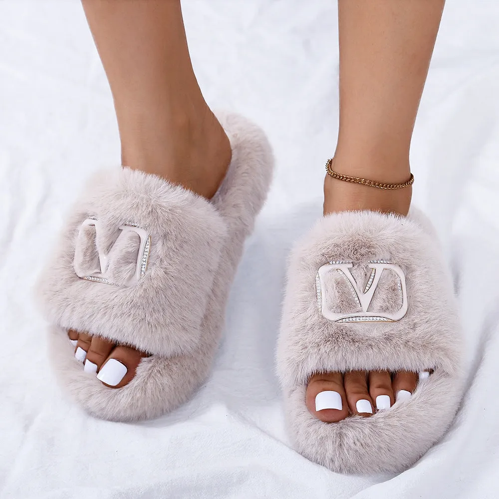 Fashion Letter Buckle Plush Slippers（HPSD183）