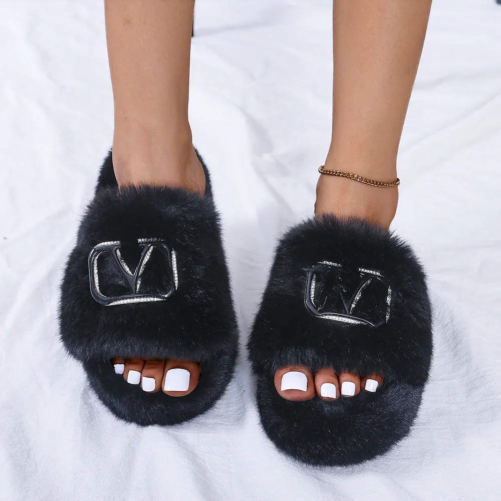 Fashion Letter Buckle Plush Slippers（HPSD183）