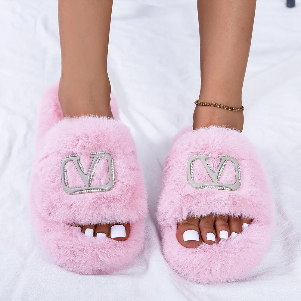 Fashion Letter Buckle Plush Slippers（HPSD183）