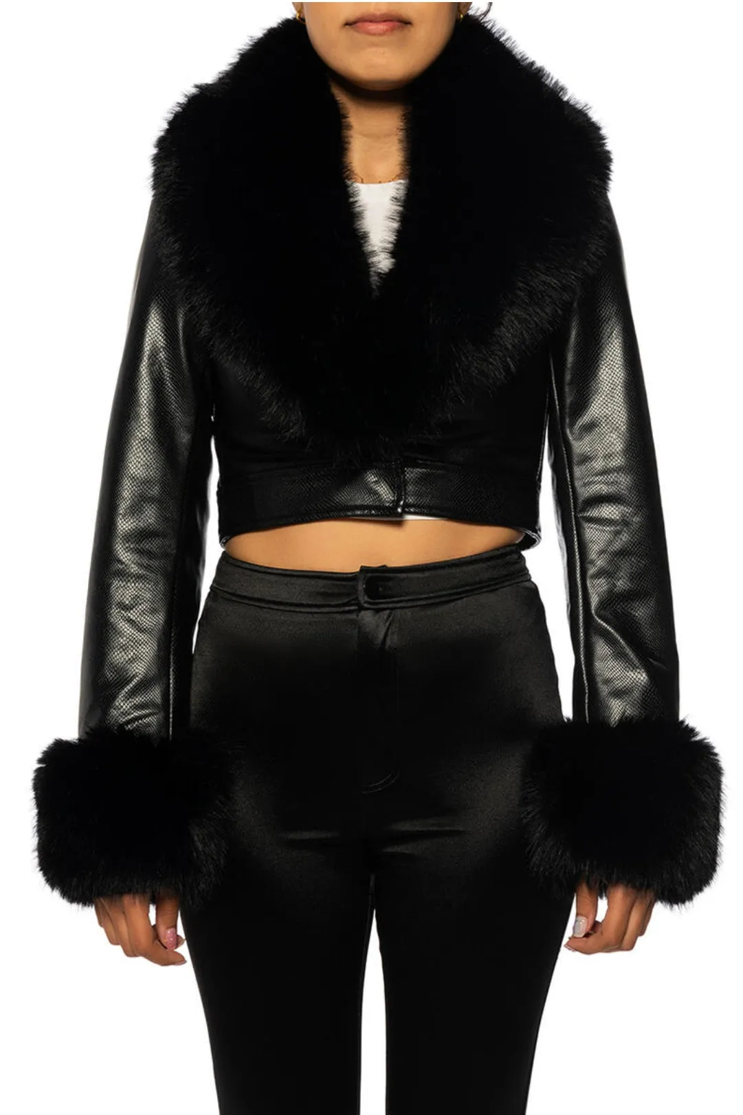 GISELE CROP FAUX FUR AND LEATHER JACKET