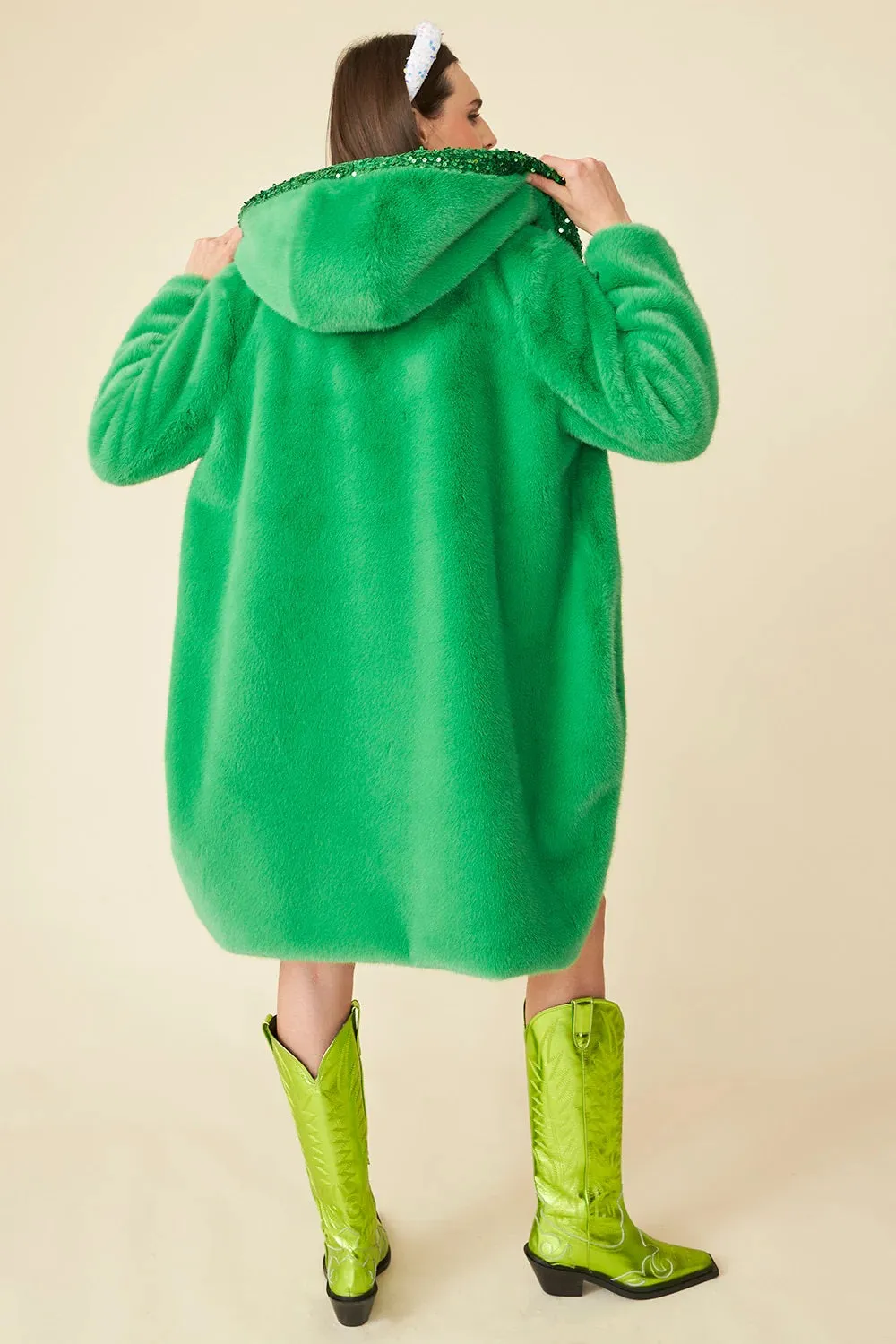 Green Faux Fur Sequins Trim Hooded Maxi Coat