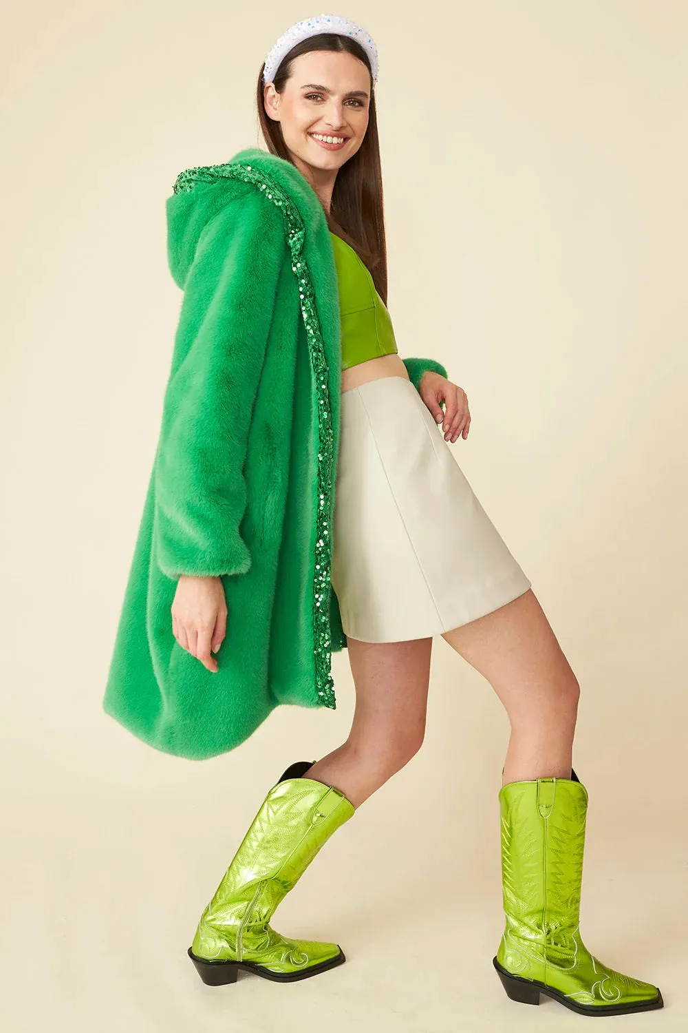 Green Faux Fur Sequins Trim Hooded Maxi Coat