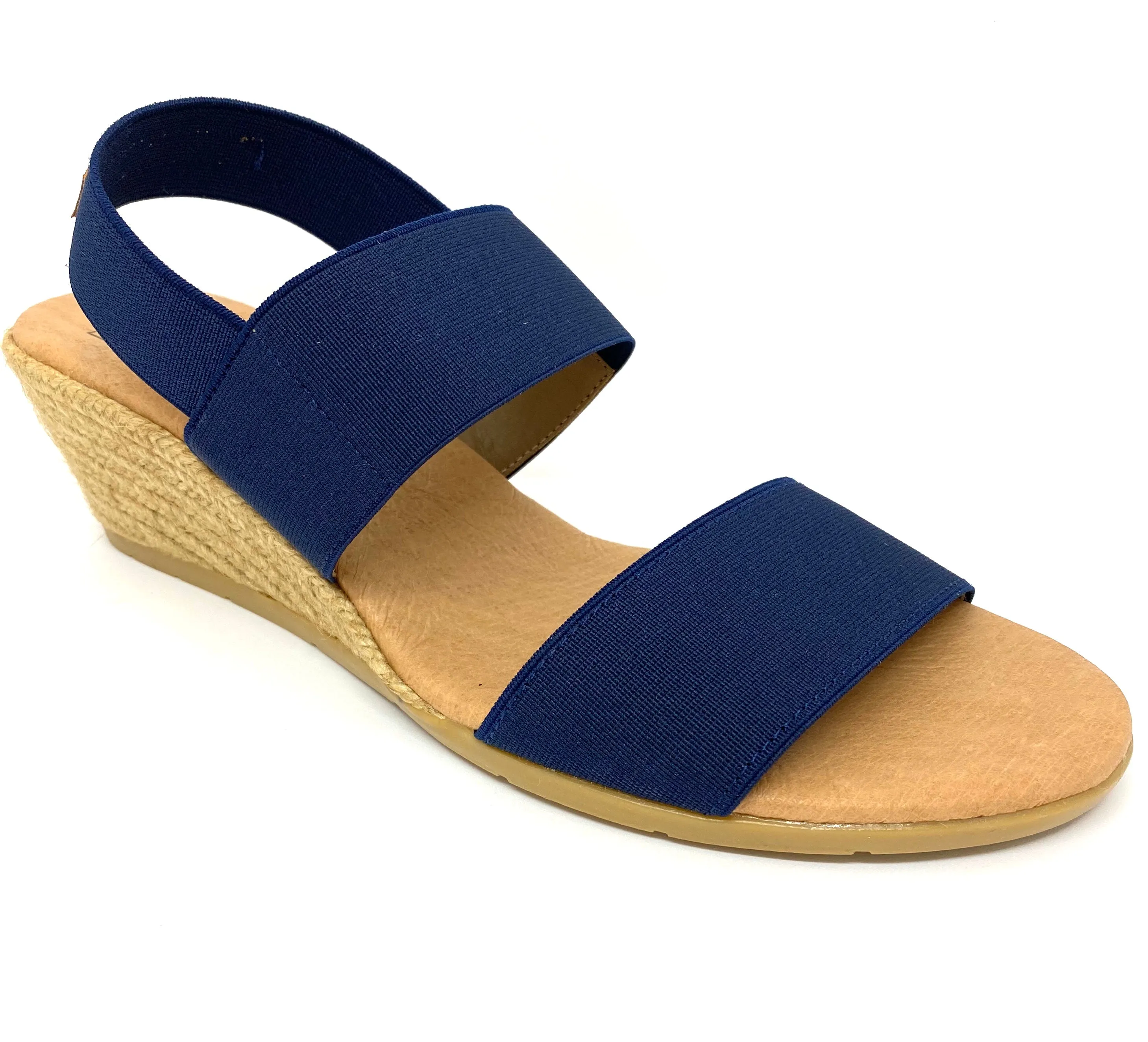 HB Shoes Ladies Sandy Navy Mid Wedge Heel Elastic Strap Sandal