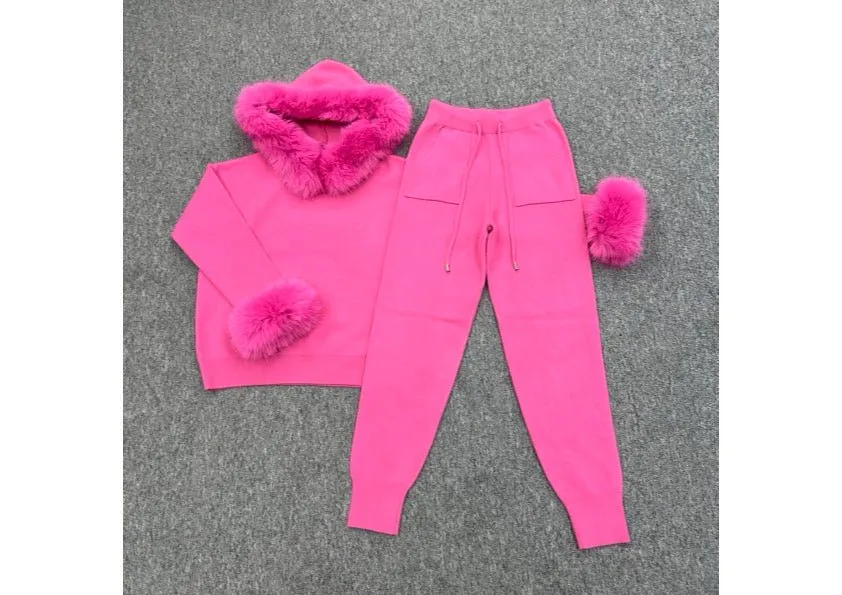 Hot Pink Faux Fur Trim Hood & Cuff Tracksuit