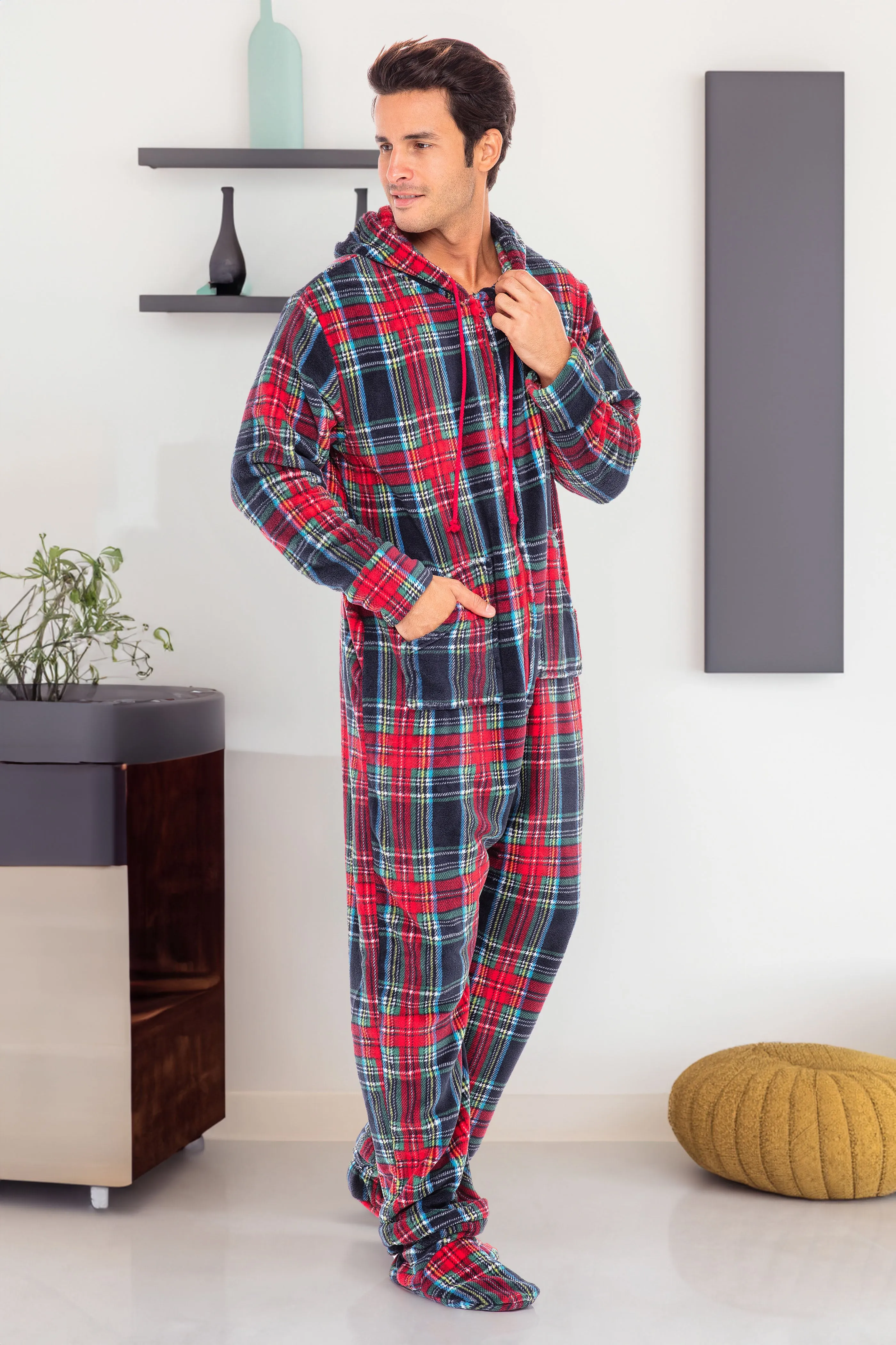 Men's Hooded Footed Adult Onesie Pajamas, Plush Winter PJs with Hood