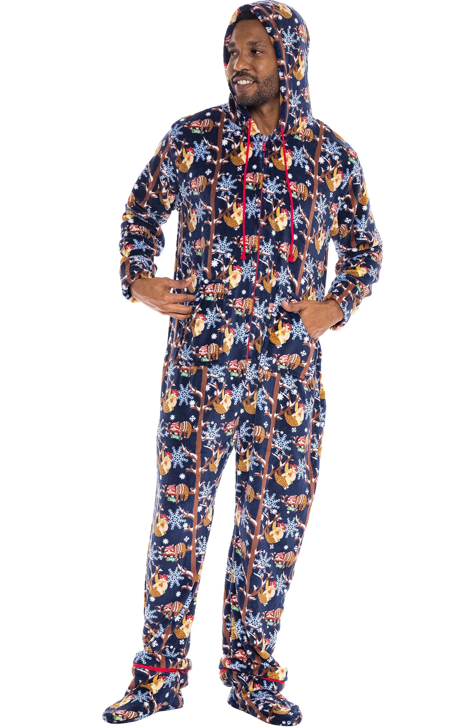 Men's Hooded Footed Adult Onesie Pajamas, Plush Winter PJs with Hood