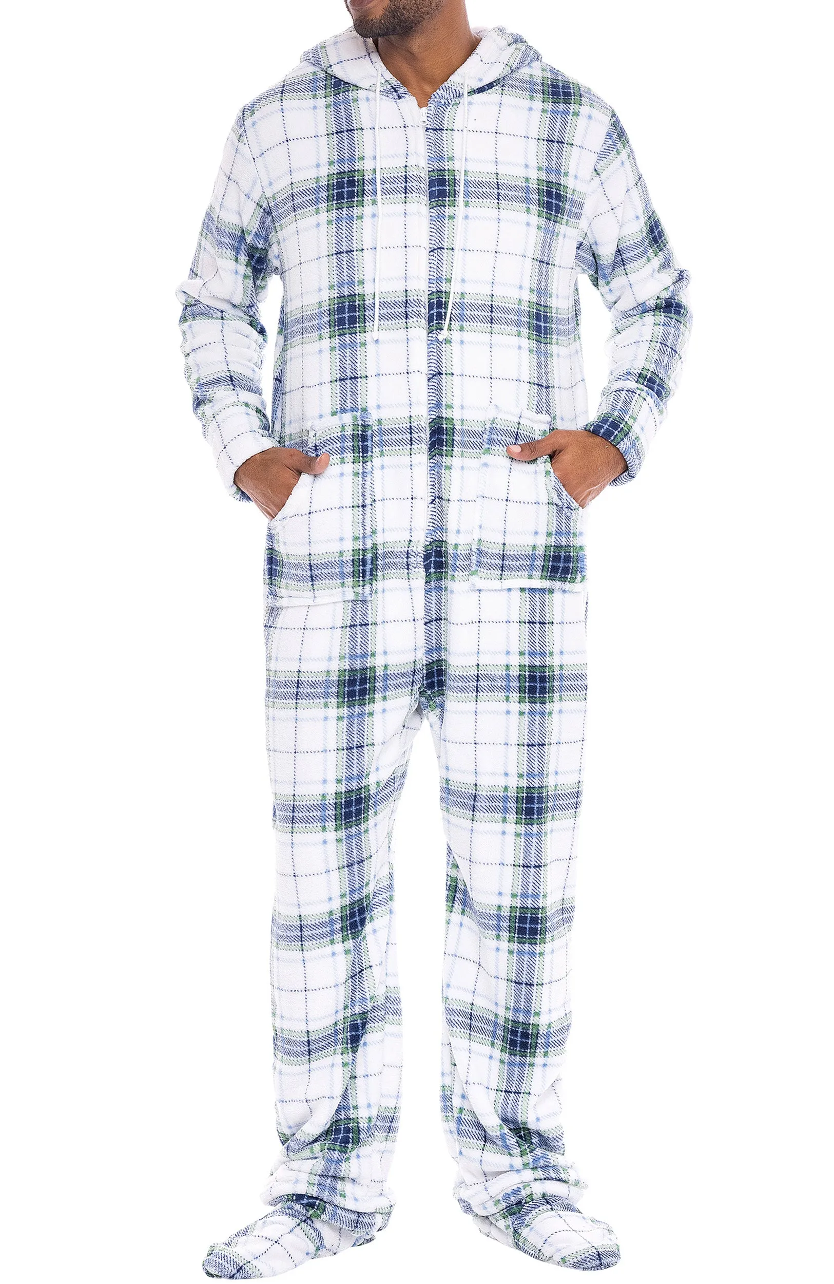 Men's Hooded Footed Adult Onesie Pajamas, Plush Winter PJs with Hood