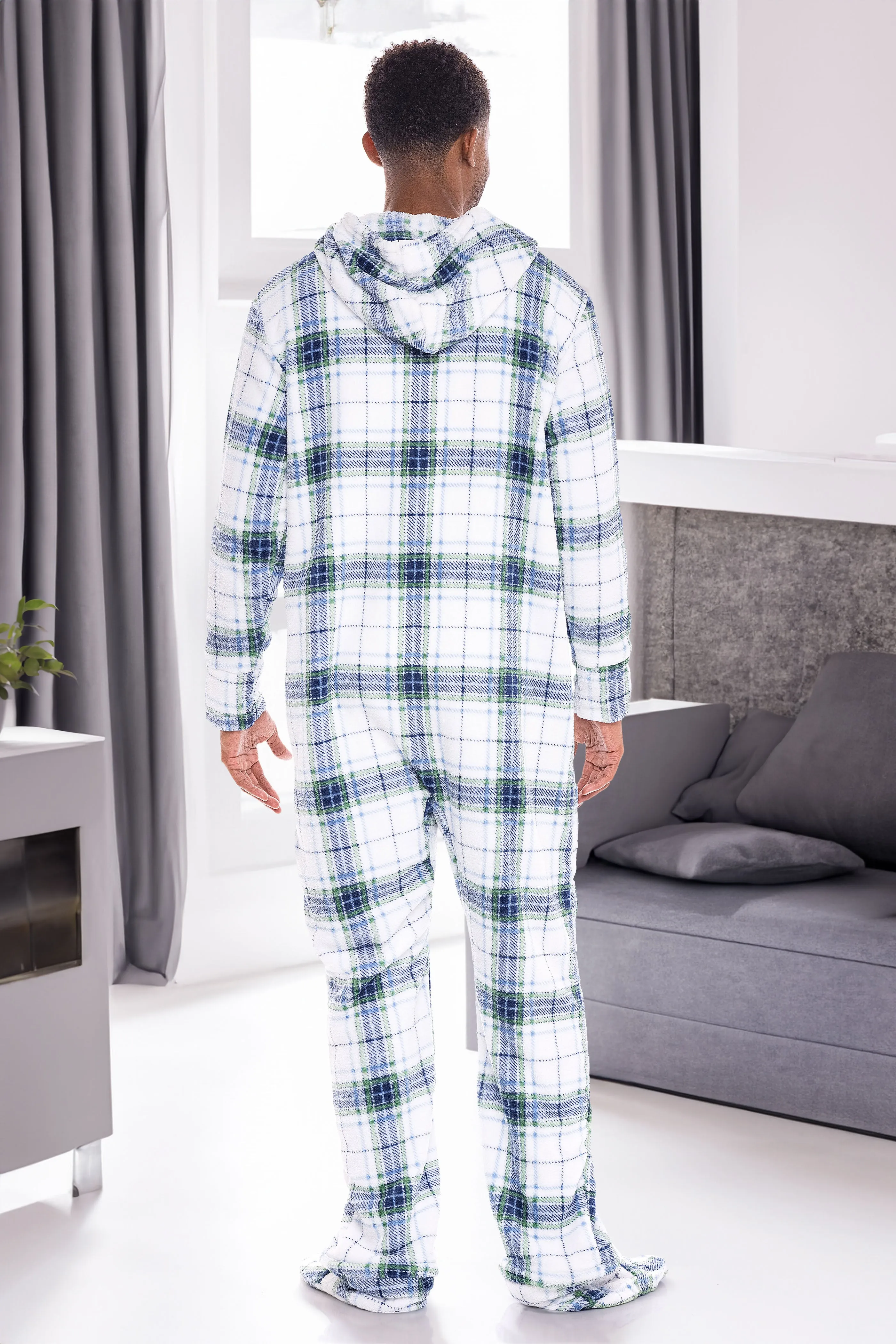 Men's Hooded Footed Adult Onesie Pajamas, Plush Winter PJs with Hood