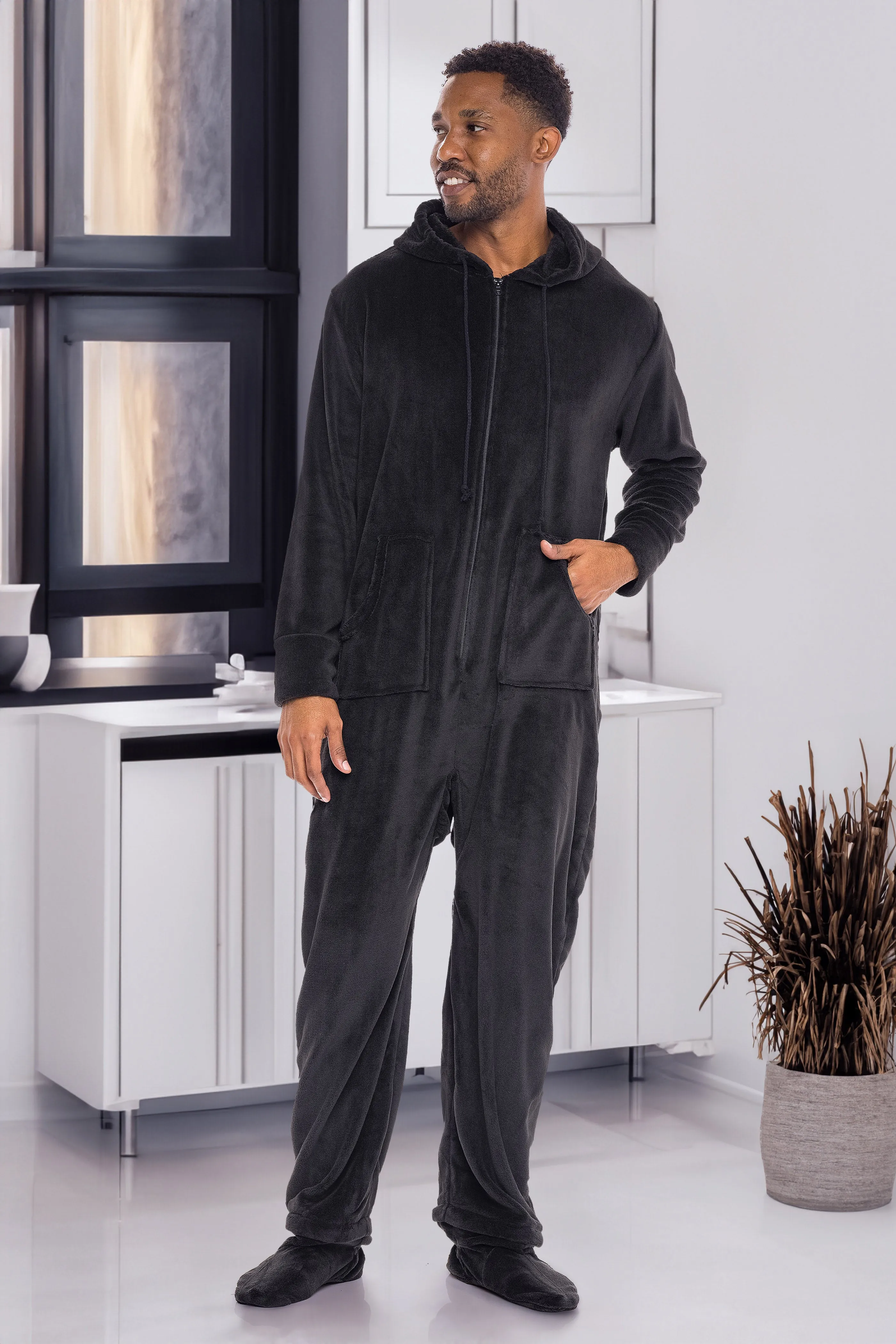 Men's Hooded Footed Adult Onesie Pajamas, Plush Winter PJs with Hood