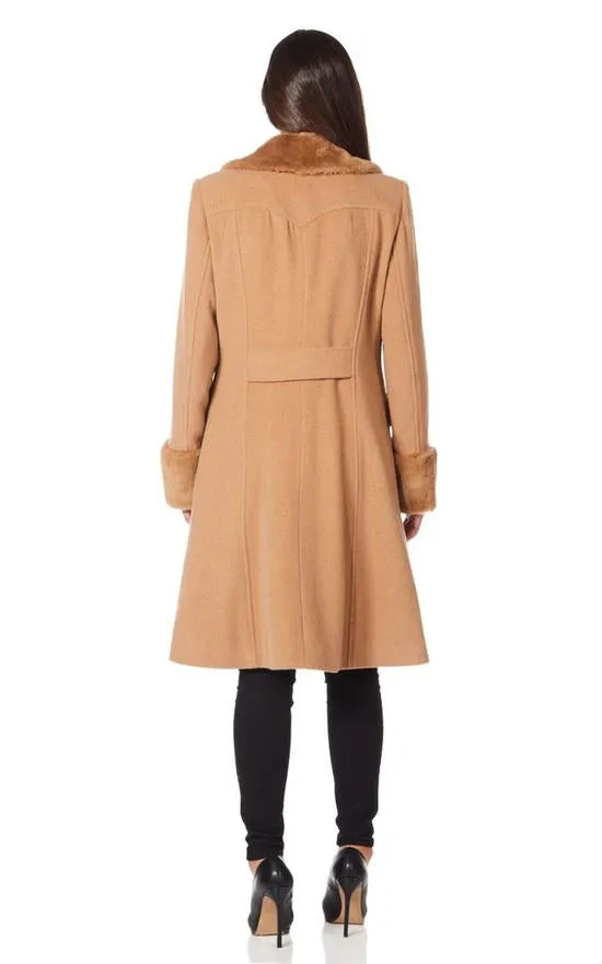 Military Faux Fur Trim Midi Coat-Camel