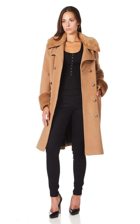 Military Faux Fur Trim Midi Coat-Camel