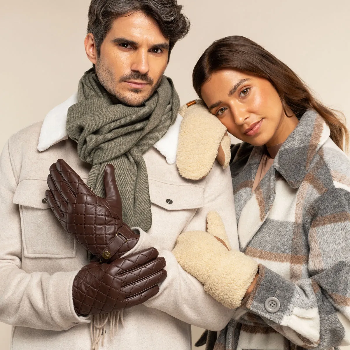 Sophia (beige) - suede teddy mittens with warm faux fur lining