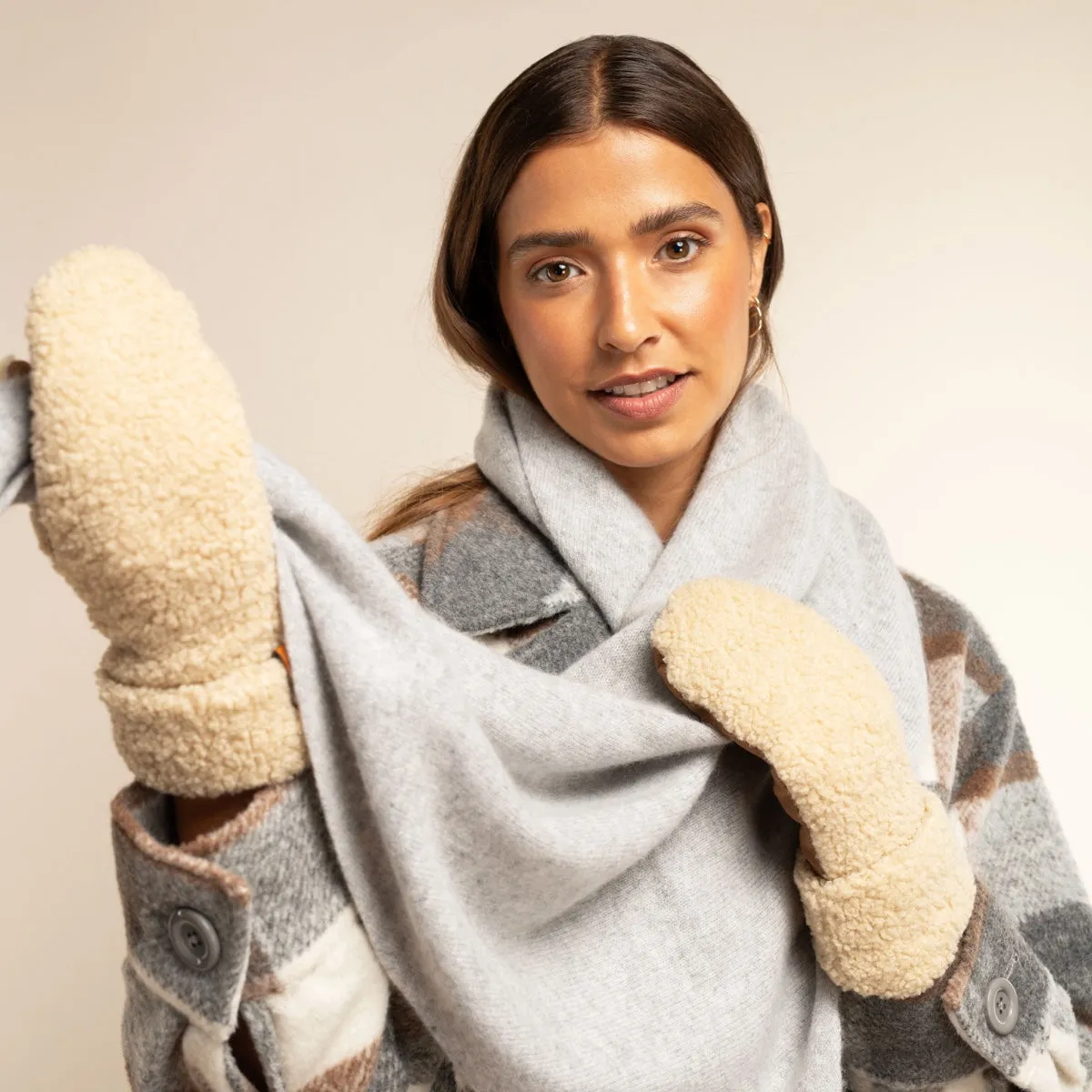 Sophia (beige) - suede teddy mittens with warm faux fur lining