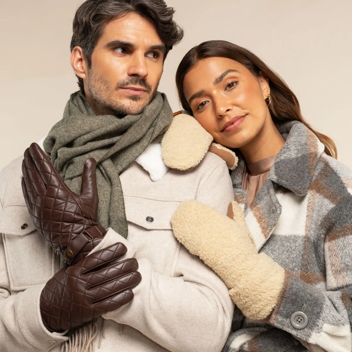 Sophia (beige) - suede teddy mittens with warm faux fur lining