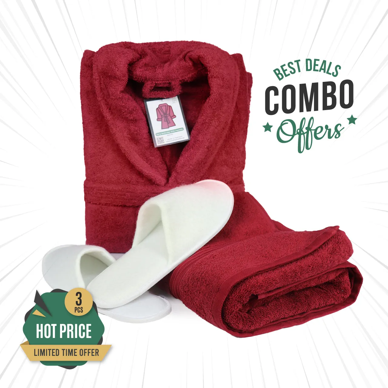 Summer Bath Combo Offer Bathrobe, Bath Towel and Bathroom Slippers - Burgundy