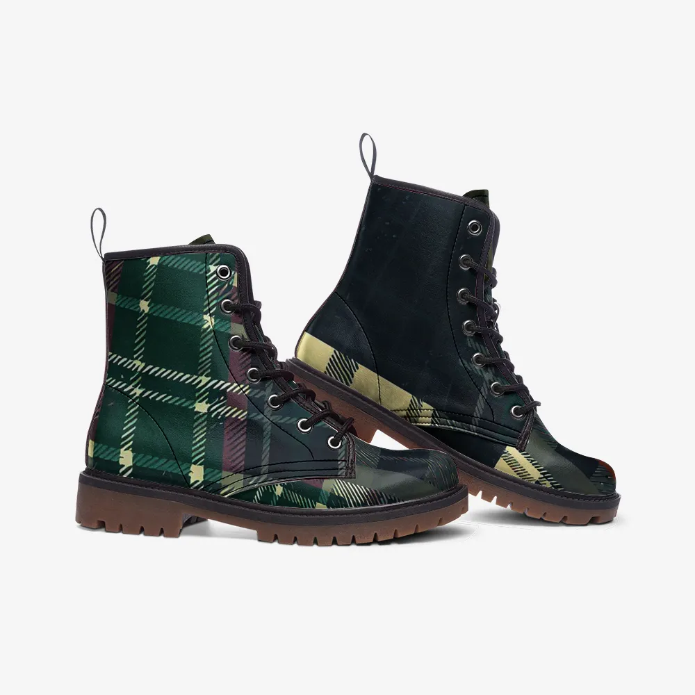 Vampire Art Grunge Patchwork Faux Leather Lightweight Combat Boots - Green Tartan - US sizes