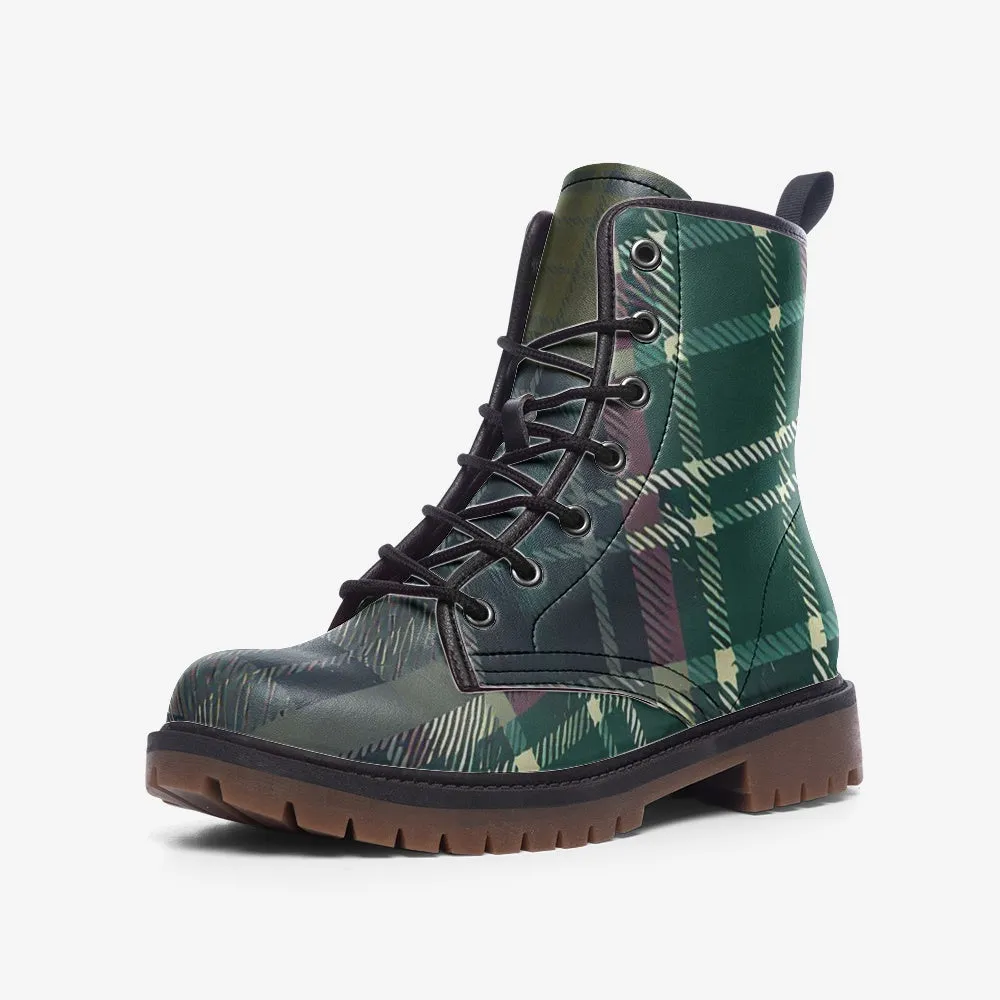 Vampire Art Grunge Patchwork Faux Leather Lightweight Combat Boots - Green Tartan - US sizes