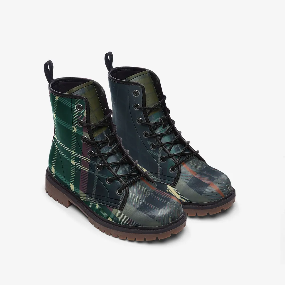 Vampire Art Grunge Patchwork Faux Leather Lightweight Combat Boots - Green Tartan - US sizes