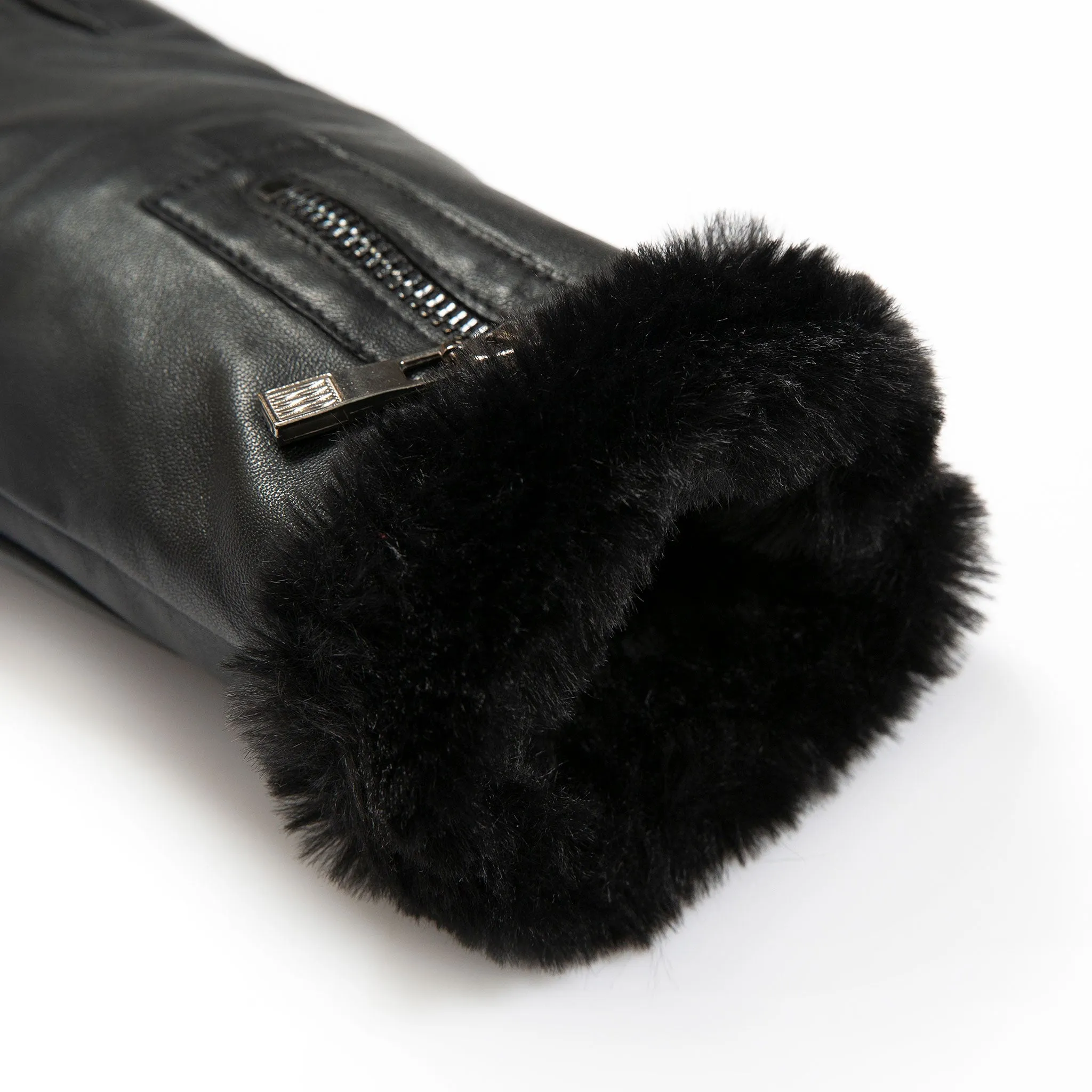 Women’s Touchscreen Faux Fur-Lined Leather Gloves with Zip