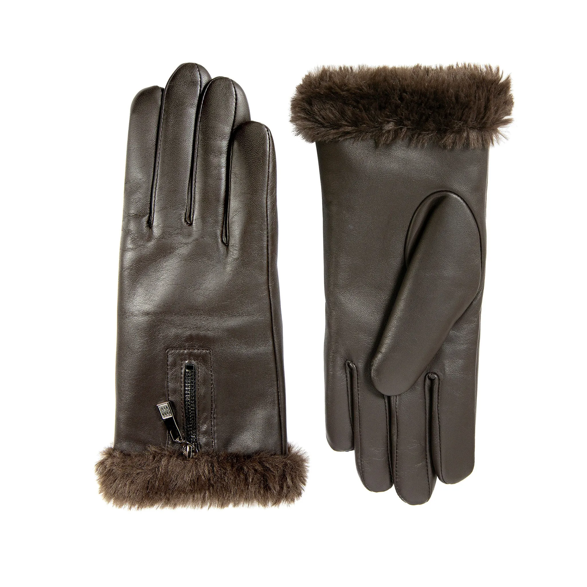 Women’s Touchscreen Faux Fur-Lined Leather Gloves with Zip