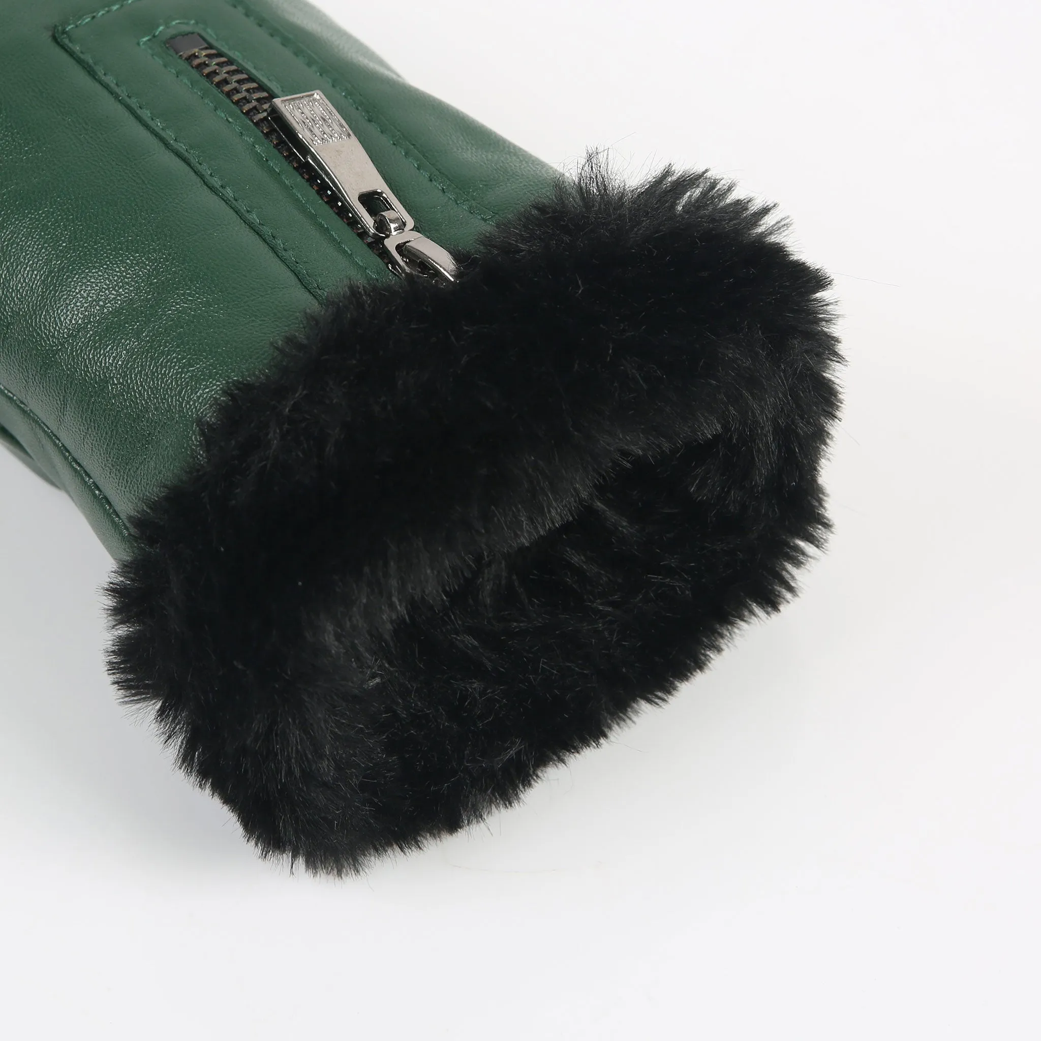 Women’s Touchscreen Faux Fur-Lined Leather Gloves with Zip