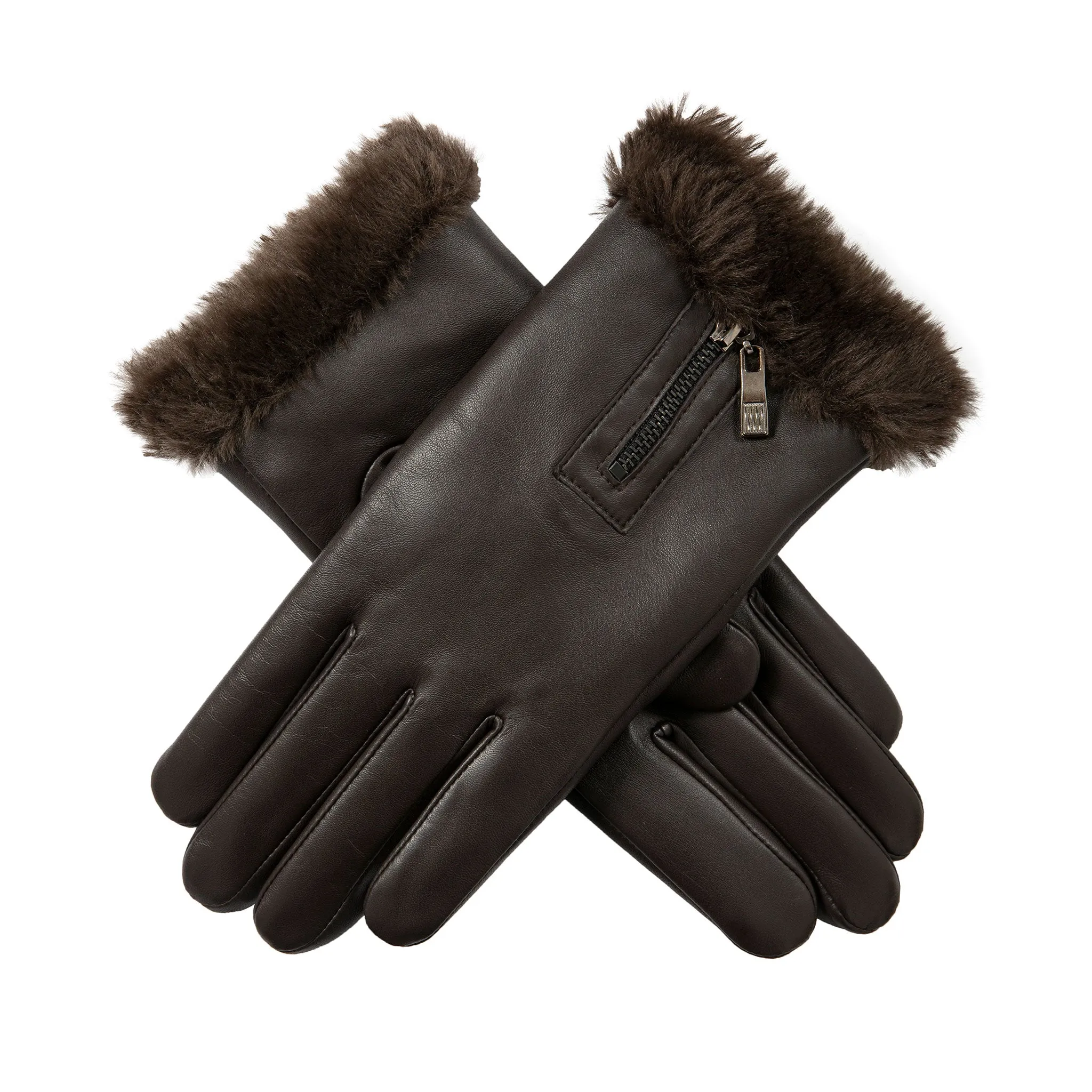 Women’s Touchscreen Faux Fur-Lined Leather Gloves with Zip