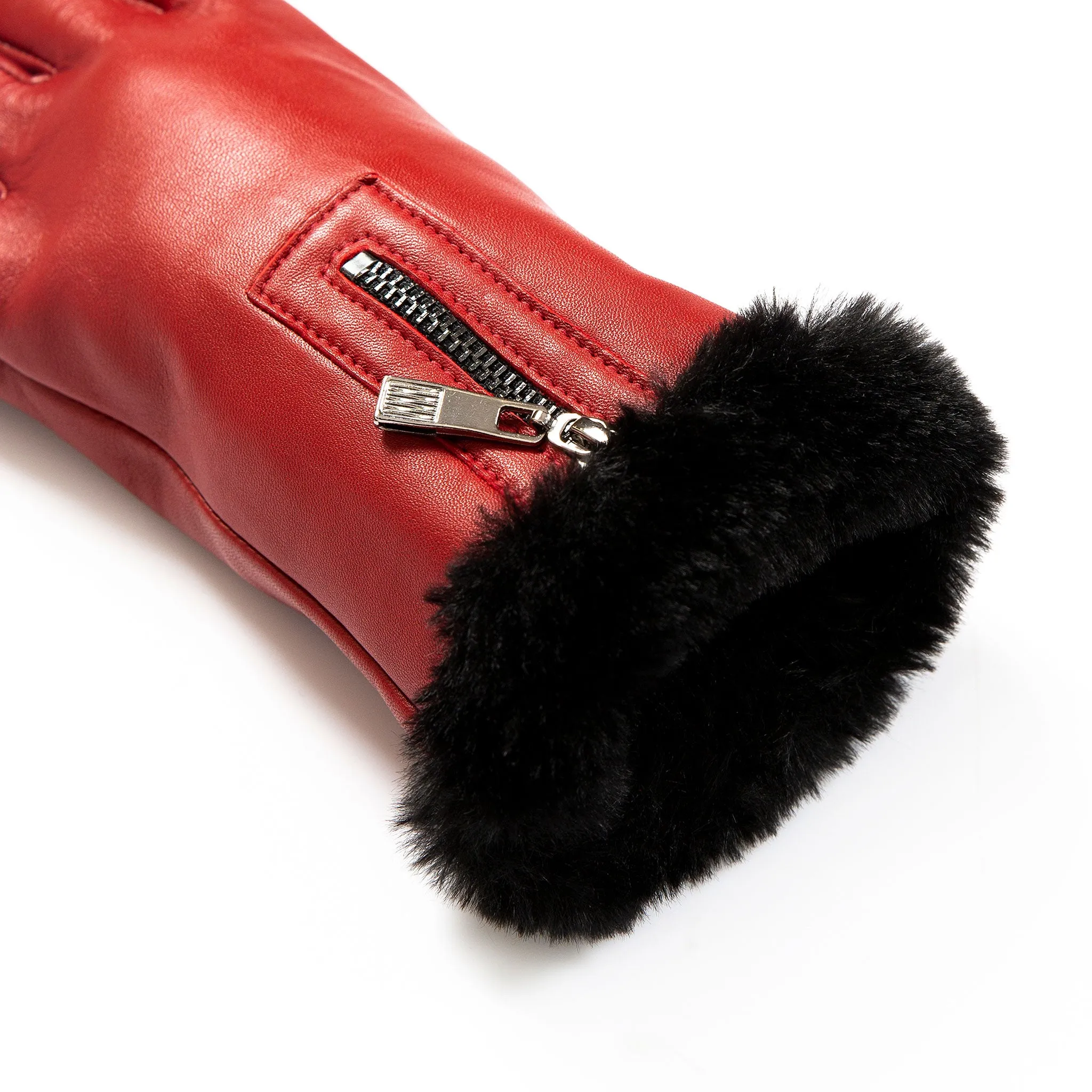 Women’s Touchscreen Faux Fur-Lined Leather Gloves with Zip