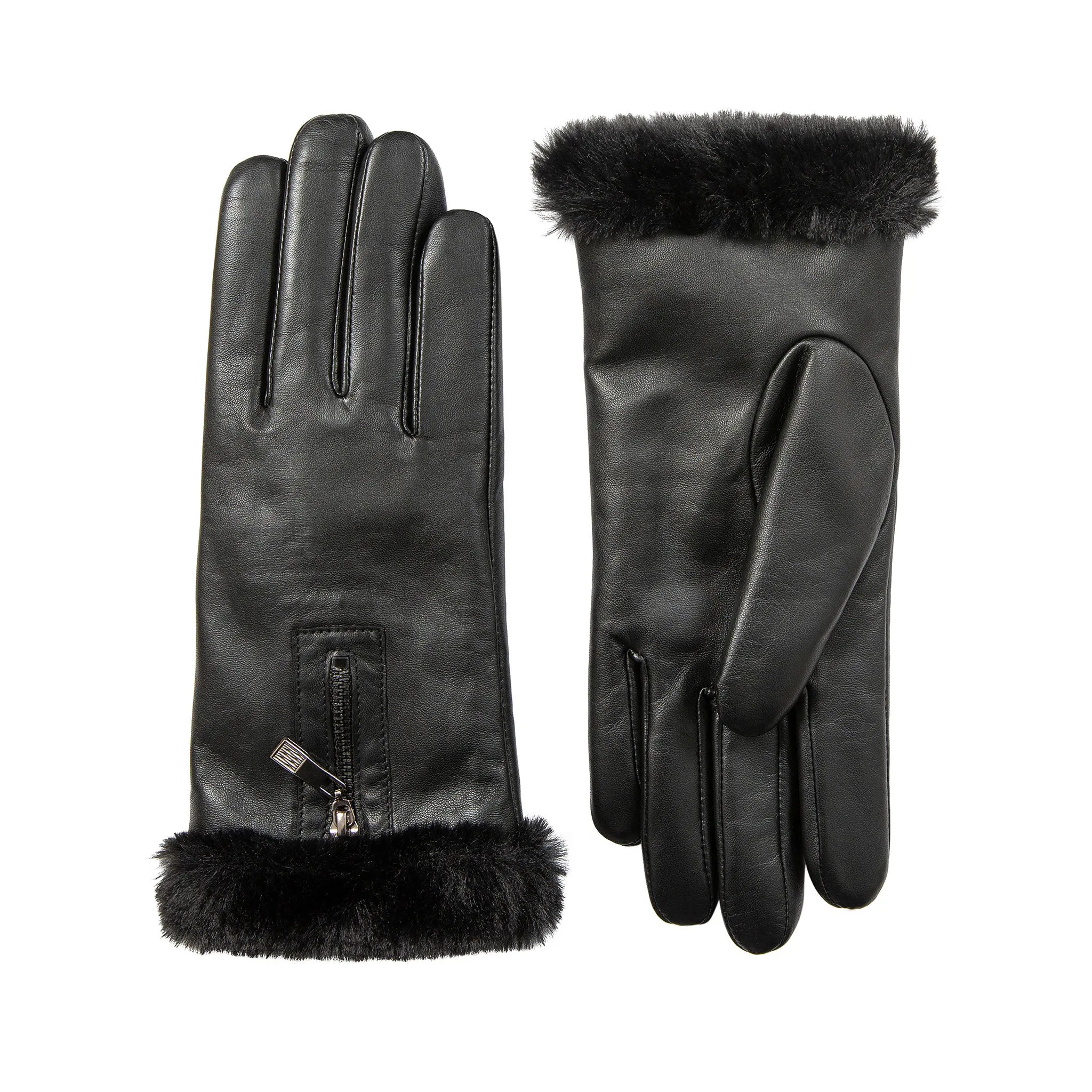 Women’s Touchscreen Faux Fur-Lined Leather Gloves with Zip