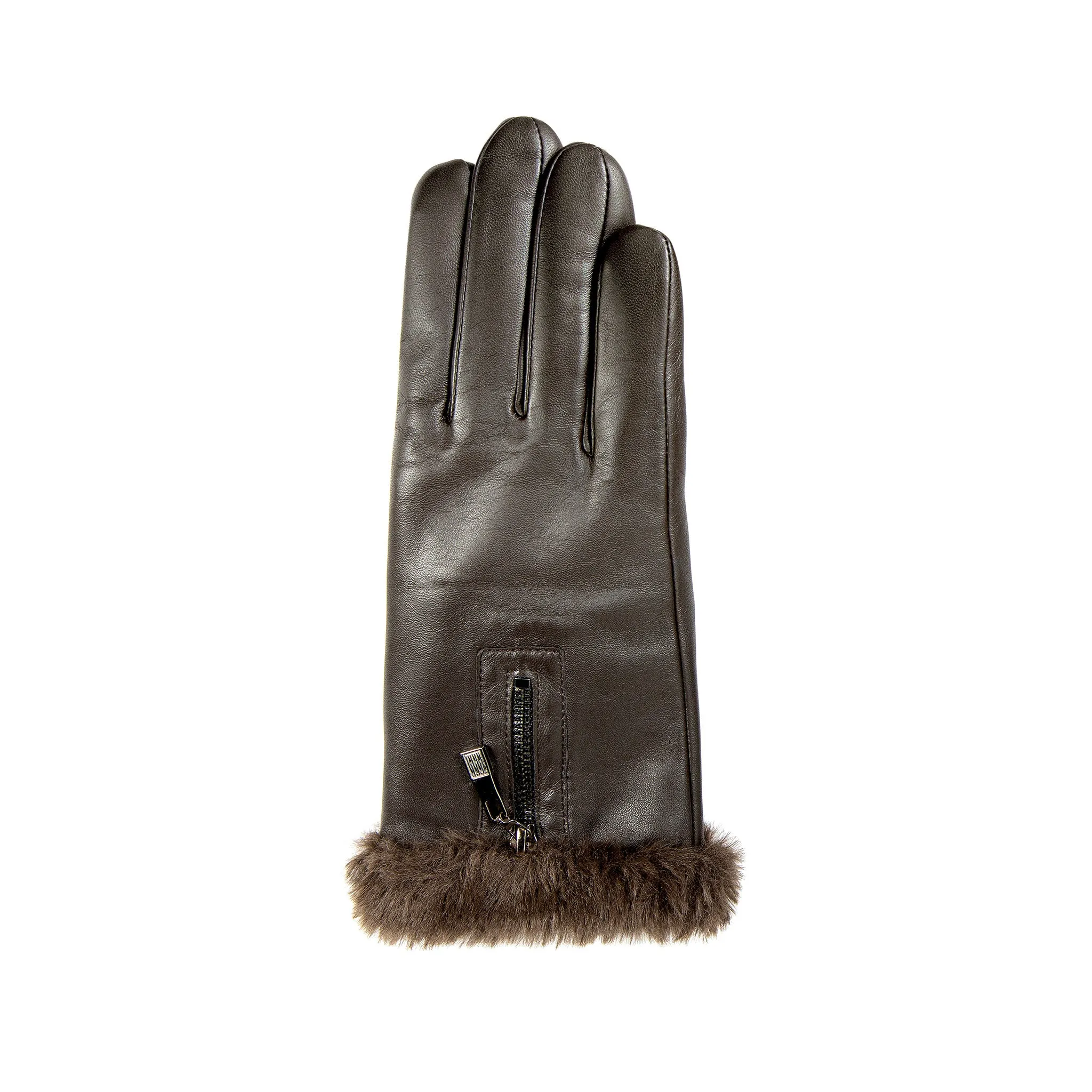 Women’s Touchscreen Faux Fur-Lined Leather Gloves with Zip