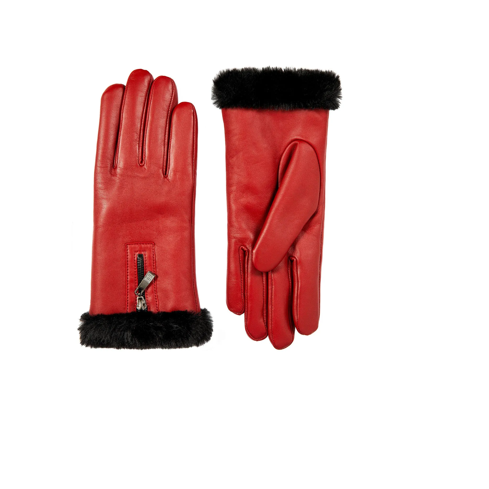 Women’s Touchscreen Faux Fur-Lined Leather Gloves with Zip