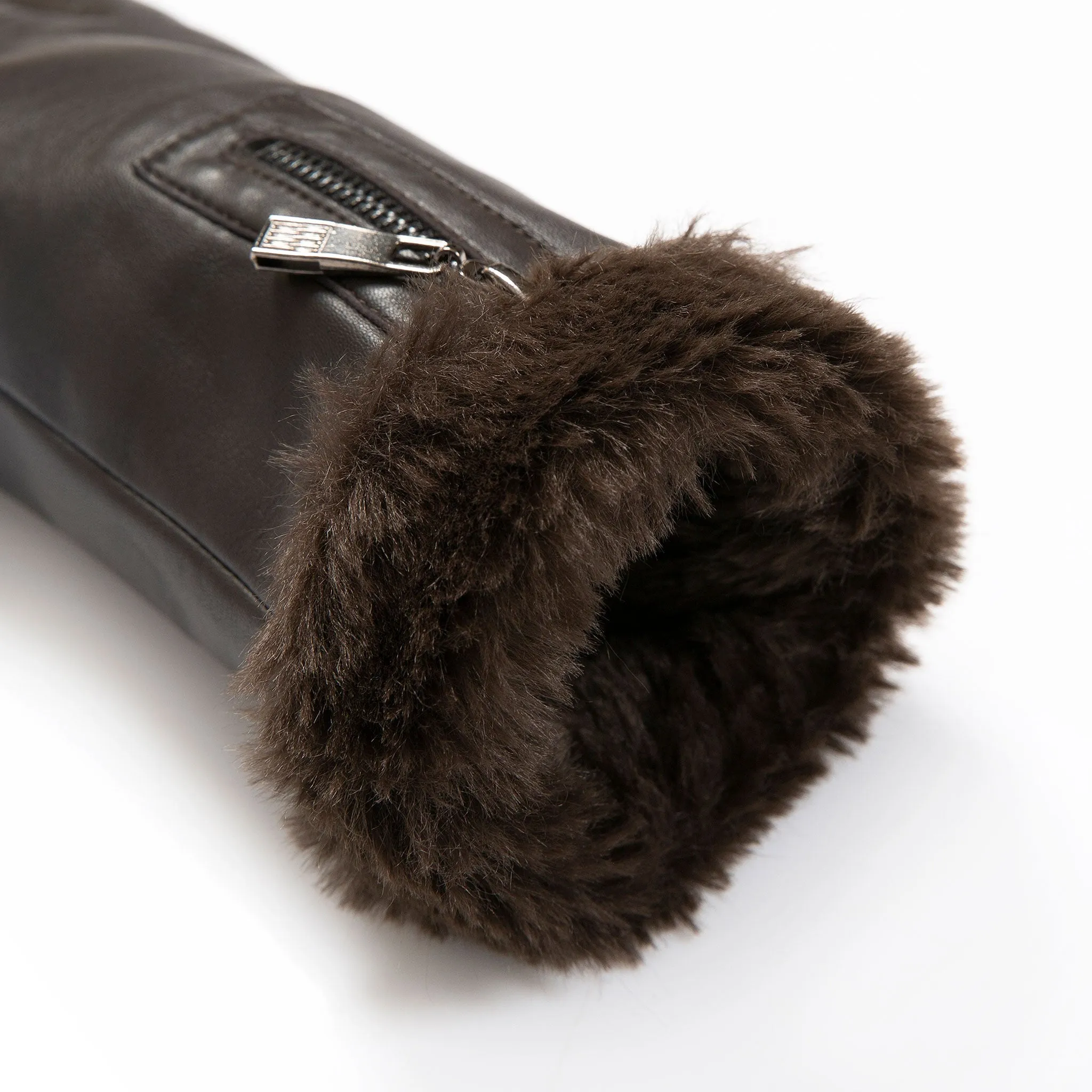 Women’s Touchscreen Faux Fur-Lined Leather Gloves with Zip